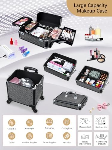 Costravio 5 in 1 Rolling Makeup Case on Wheels Large Cosmetology Case Organizer Beauty Cosmetic Train Case Travel Nail Cart for Make-up Studio Hair Salon, Black Glitter - Image 3