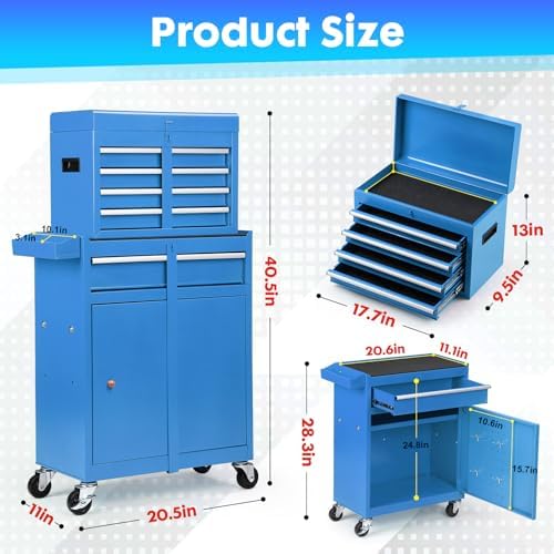 Dawmilon 5-Drawer Rolling Tool Chest with Wheels - Large Tool Storage Cabinet with Detachable Toolbox for Repair Room, Warehouse - Rolling Tool Box with Hooks, Liners, Blue - Image 3