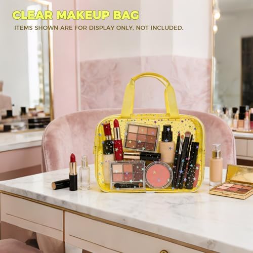 Clear Yellow Star Large Makeup Bag with Star Pattern 12x5x8 inch, Travel Cosmetic Bag with Handle, Durable PVC Material Washbag Zipper Opening Design for Makeup Travel Organizer or Gym Use - Image 4
