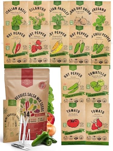 14 Herb, Tomato & Chili Pepper Gardening Seeds Salsa Variety Pack for Outdoors & Indoor Garden 5180+ Non-GMO Heirloom Seeds Cilantro, Basil, Oregano, Parsley, Onion, Pepper Tomato Seed by OrganoRepublic