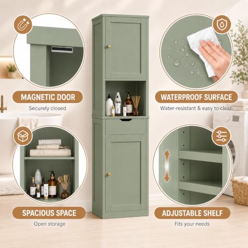 Walsunny Tall Bathroom Storage Cabinet with 6 Adjustable Shelves, Green - Image 4