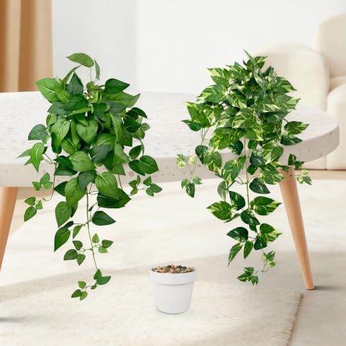 2 Pack Artificial Hanging Plants with White Pots 23.6'' by VUAHAUL