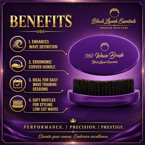 360 Wave Brush, Build Deeper Waves, Soft & Hard Boar Bristle Curved Brushes BLACK LAVISH ESSENTIALS Hard Bristle (Medium-Hard Brush, Purple) - Image 2