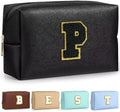 TOPEAST Personalized Makeup Bag, Chenille Letter Pouch Cosmetic Bag w Zipper, PU Leather Waterproof Toiletry Bag, Bridal Shower Gifts for Bridesmaids, Cute Stuff for Girls (Black P) by TOPEAST