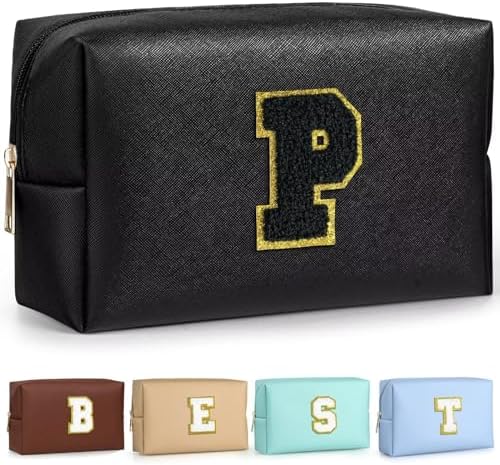 TOPEAST Personalized Makeup Bag, Chenille Letter Pouch Cosmetic Bag w Zipper, PU Leather Waterproof Toiletry Bag, Bridal Shower Gifts for Bridesmaids, Cute Stuff for Girls (Black P) by TOPEAST