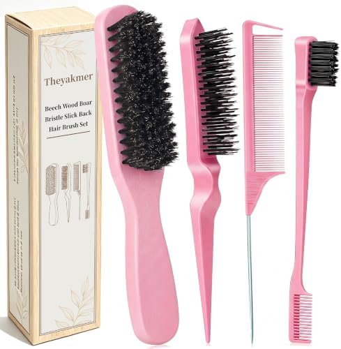 4Pcs Beech Wood Boar Bristle Slick Back Hair Brush Set Pink by Unknown