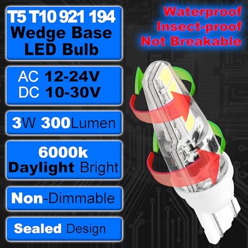 3W 194 921 T5 T10 Wedge Base LED Car Bulb Daylight White 6000K, 8 Pack - Image 2