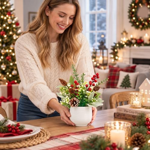 Der Rose Christmas Centerpiece for Tables, Small Fake Plants in White Pot - Image 4
