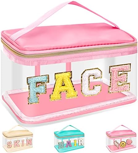 Chenille Letter Clear Makeup Bags Face Pouch, Preppy Patch Makeup Bag Zipper with Handle, Transparent PVC & Nylon Waterproof Glitter Cosmetic Handbag Travel Toiletry Storage for Women Girl(FACE-Pink) by izuzta