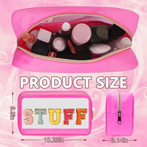 Iqimott Clear Patch Makeup Bag Stuff Pouch, Preppy Personalized Chenille Letter Cosmetic Pouch for Travel, Nylon Waterproof Travel Essentials Zipper Toiletry Bags for Women Girls(STUFF, RoseRed) - Image 2