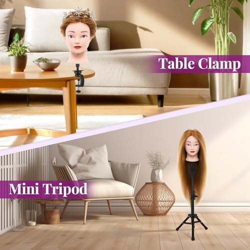 Mannequin Head 80% Human Hair with Tripod Stand, 28 Inch Cosmetology Manikin Head Braiding Mannequin Head with stand, Hairdressing Training Practice Doll Head for Hair Styling with Table Clamp - Image 4