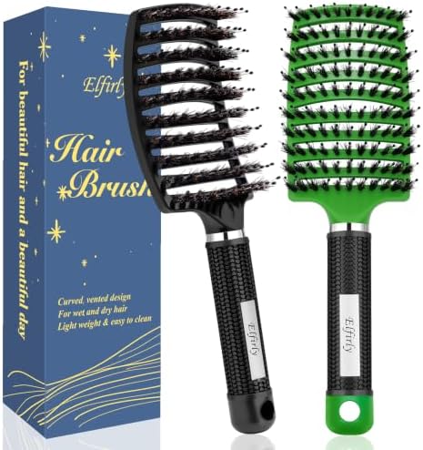 Boar Bristle Hair Brush, Detangler for Women Men, Wet & Dry Hair by Elfirly