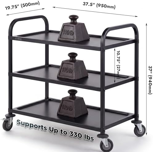 CURTA Black Stainless Steel Serving Cart, 3-Tier Rolling Utility Trolley (38"x20"x37"), Heavy Duty Painted Kitchen Cart on Wheels with Brakes, Commercial Grade for Restaurant, Hotel, Salon & Lab - Image 2