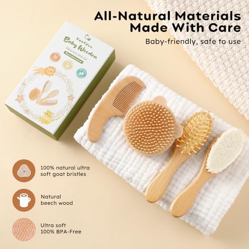 Yoofoss 4 Piece Baby Brush and Comb Set, Wooden Baby Brush with Natural Ultra Soft Goat Hair, Baby Hair Brush for Newborn, Baby Brush Set for Boy Girl - Image 4