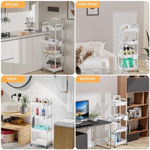 4 Tier Rolling Utility Cart with Handle,REBECAT Utility Cart Made of Multifunctional Storage Organizer Tool for Kitchen,Bathroom,Living Room,Office(White) - Image 6