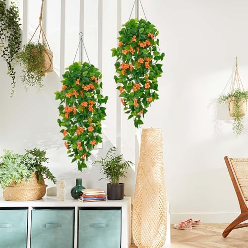 BLEUM CADE Artificial Hanging Flowers for Outdoors, 2pcs Fake Hanging Plants Pothos Vines with Orange Flowers for Wall Home Living Room Indoor Outdoor Fall Decor (No Baskets) - Image 4