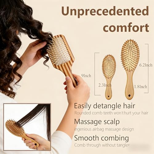 Women Men Natural Bamboo Hair Brush with Air Cushion, Scalp Massage Hairbrush with Hang Hole Bamboo Paddle for All Hair Types (Large) - Image 3