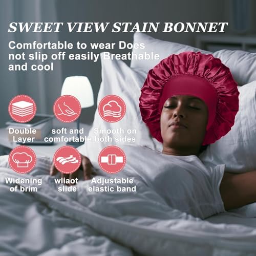 4PCS Silk Bonnet for Sleeping,Hair Wrap Satin Bonnets Shower Cap for Black Women Men, Elastic Wide Band Hair Bonnet Cap for Sleeping Curly Hair(Black & Wine Red & Purple & Brown) - Image 6