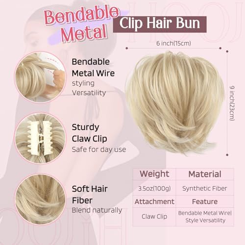 HOOJIH Ponytail Extension, Claw Clip in Straight Hair Bun Messy Bun 9 Inch Short Ponytail Extension with Bendable Metal Wire Hair Pieces for Women Fake Hair Bun - Blonde with White Highlights - Image 2
