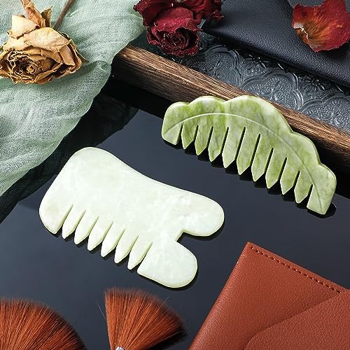 Geiserailie 2 Pcs Jade Combs Gua Sha Stone Scalp Massage Tool - Image 3