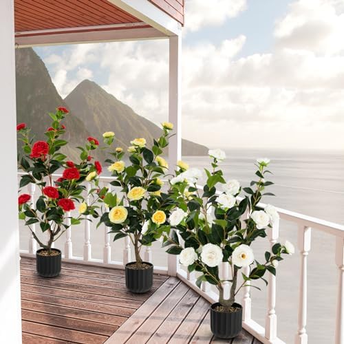 Goplus 38’’ Artificial Camellia Tree, 2 Pack Flower Plants Artificial Tree - Image 6