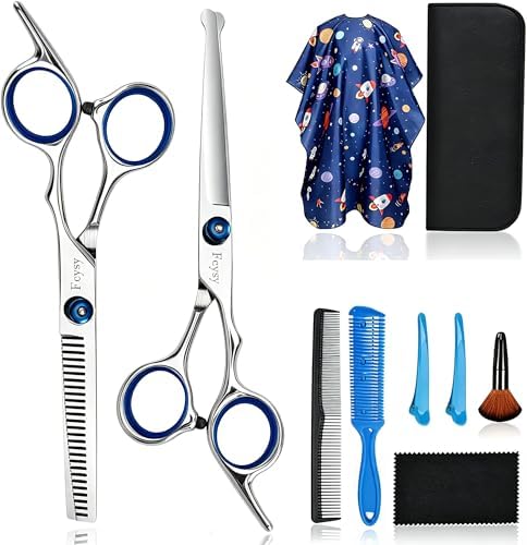 Kids Hair Cutting Kit, Complete Haircut Set for Children – Safety Round Tip Scissors, Thinning Shears, Razor Comb, Barber Cape, Neck Duster, Comb & Clips, Home Haircut Kit with Bag by Fcysy