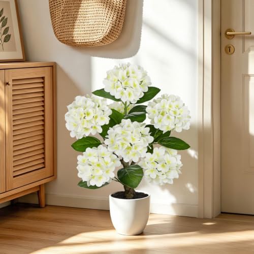 2FT White Hydrangea Artificial Flowers Tree Large Real Touch Faux Silk Hydrangea Plants Potted Fake Flower in White Pot for Home Indoor Outdoor Front Porch Garden Entrance Living Room Decor - Image 4