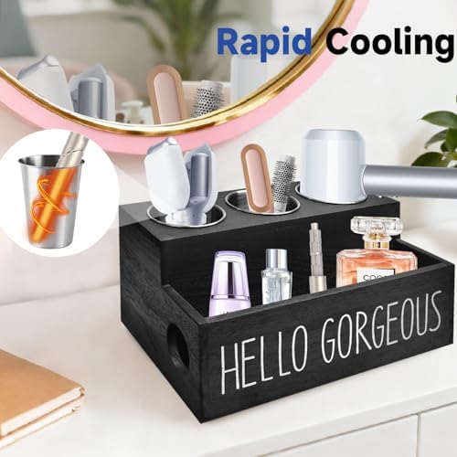 Wooden Hair Tool Organizer, Hair Dryer Holder with 3 Steel Cups for Flat Irons, Curling Irons, Blow Dryer, Hot Tools Organizer for Hair Styling Accessories for Bathroom or Cabinet Storage (Black) - Image 6