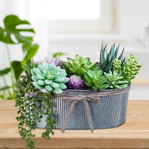 Winlyn 10" Artificial Succulent Arrangement Centerpiece Fake Succulent Plants in Rustic Metal Oval Planter Faux Potted Succulents for Home Office Bedroom Table Windowsill Shelf Mantel Decor - Image 6