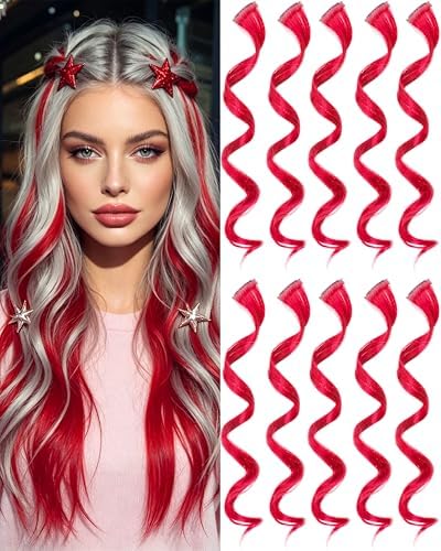 10 PCS Red Hair Extensions, Curly Wavy Clip-in Hair Accessories Gift by Olldag