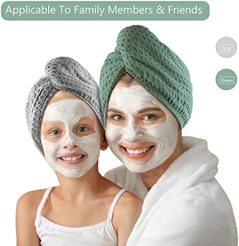 Microfiber Hair Drying Towel: 2 Pcs Waffle Long Hair Turban Wraps (Gray) - Image 5