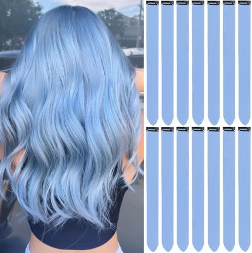 Colored Hair Extensions Clip in Baby Blue Hairpiece 14PCS Synthetic by LADYAMZ