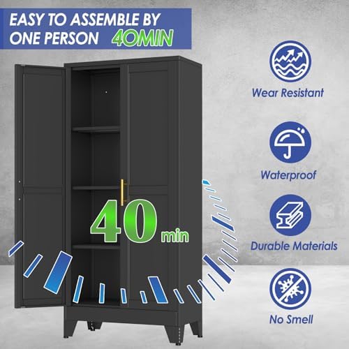61" Metal Garage Storage Cabinet with 2 Doors and 3 Adjustable Shelves,Metal Storage Cabinets,Steel Tool Cabinets for Home,Office,Garage,Warehouse (Black, 61''H x 27''W x 14''D) - Image 4