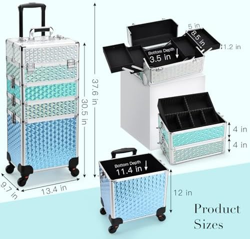 Professional Rolling Makeup Train Case 4 in 1 Aluminum Trolley Case with 360° Rotation Wheels for Makuep Artist Cosmetic Suitcase Organizer with Lock and Key Diamond Pattern - Turquoise - Image 6