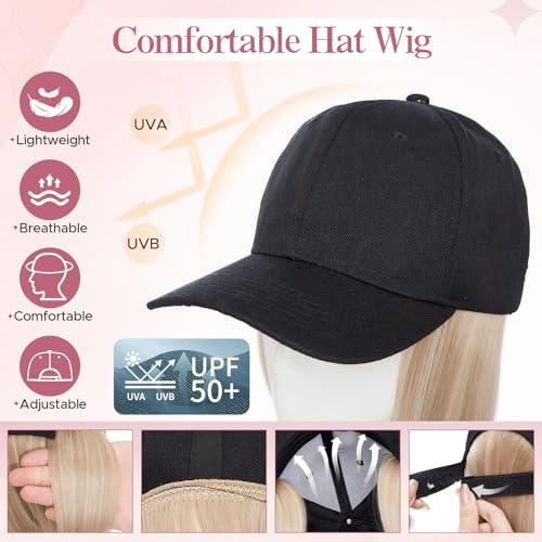 SEGO Baseball Cap with Hair Extensions for Women Heat Resistant Synthetic 6" Adjustable Short Straight Hairpiece Replacement Wigs in Black Hat for Girls 16P613 Ash Blonde Mix Bleach Blonde - Image 2