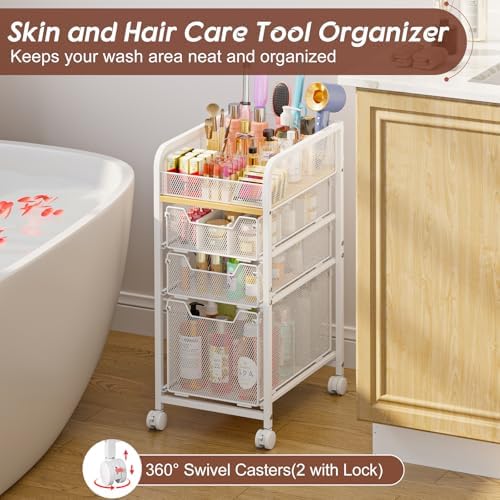 Hongtamoya Rolling Makeup Cart Organizer with 3 Drawers, Narrow Floor Skincare Organizers, Vanity Organizer Cosmetics Display Cases Holder for Skin Care Nail Polish Perfume Makeup Brush, White - Image 4