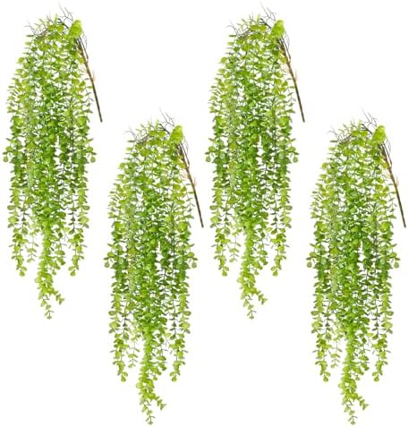 4 Pack Fake Hanging Plants, 38" Artificial Hanging Eucalyptus Plants Greenery Vines UV Resistant Faux Trailing Plants for Indoor Outdoor Wall Shelf Porch Boho Home Patio Decor(4PCS Green) by dallisten