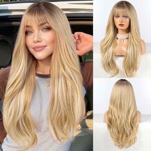 HAIRCUBE Long Blonde Wig with Bangs Layered Curly Wigs for Women Natural Synthetic Wigs for Daily Use (pelucas de cabello natural) by HAIRCUBE