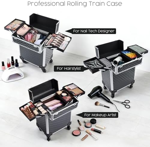 Rolling Makeup Train Case Large Cosmetic Trolley Organized Aluminum Barber Case for Hairstylist Makeup Nail Tech Salon with Keys Swivel Wheels Traveling Cart Trunk - Black - Image 5