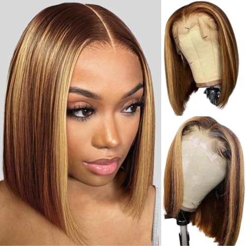 ALHER Short Bob Wig 4/27 Honey Blonde Highlight, 12A Straight Small Cap 13x4 Lace Frontal Wigs Human Hair Pre Plucked With Baby Hair, Small Cap Wig Size 21-21.5 180% Density for Black Women 10 Inch by ALHERHumanHairWigsBundles
