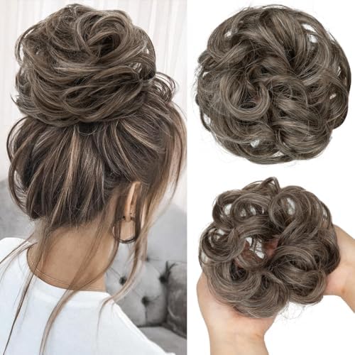 CJL HAIR Large Messy Bun Hair Piece Wavy Curly Scrunchies Synthetic Chignon Ponytail Hair Extensions Thick Updo Hairpieces for Women Pepper Brown by CJLHAIR