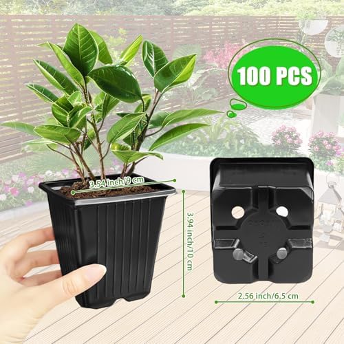 Anyumocz 100Pcs Square Plant Nursery Pots,3.5 Inch Plastic Pots with Drainage Holes,Reusable Seed Starter Pots for Flowers,Vegetables,Garden Planting,Transplanting,Succulents,Cuttings(Black) - Image 2