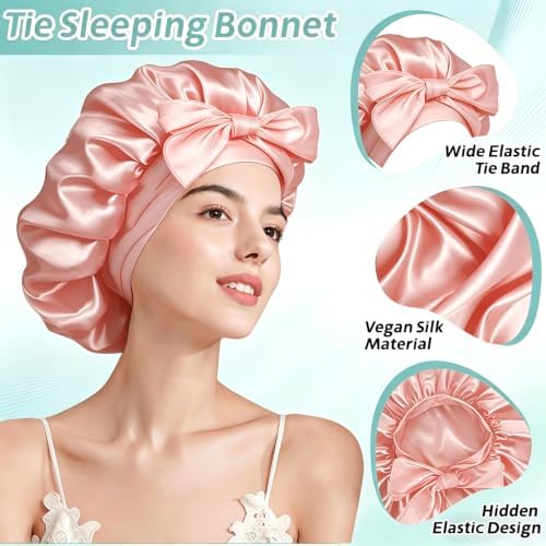 VECIIR Silk Bonnet for Sleeping Women，Hair Bonnet for Sleeping Silk Night Cap for Curly/Natural Hair Skin Snowbud Pink, Large - Image 5