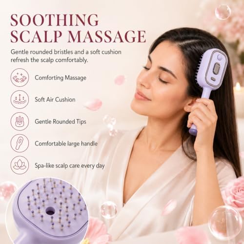 Electric Spray Air Cushion Massage Comb,5 in 1 Rechargeable Steam Brush for Hair,Self-Cleaning Detangling Anti-Frizz Hair Brush for Scalp Massage&Smooth Hair,Portable Travel Hairs Styling Tool(Purple) - Image 2