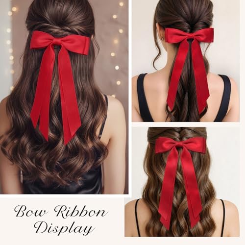 2PCS Silky Satin Hair Bows Hair Clip Red Hair Ribbon Ponytail Holder Accessories Slides Metal Clips Hair Bow for Women Girls Toddlers Teens Kids - Image 5