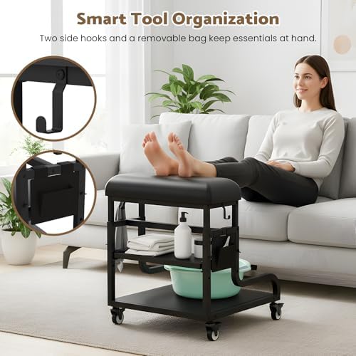 Adjustable Pedicure Foot Rest with PU Cushion, Mobile Cart & Storage - Image 6
