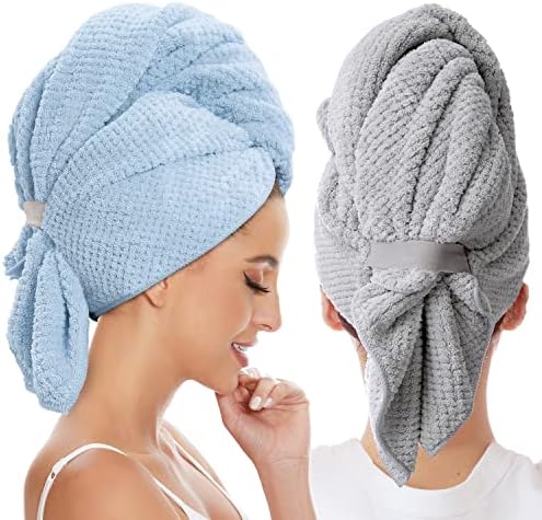2 Pack Large Microfiber Hair Towel Wrap for Women, Anti Frizz Hair Drying Towel, Fast Dry Hair Turban for Wet Hair, Long, Thick, Curly Hair, Super Absorbent Soft Hair Towels (Blue & Gray) by BYCOO