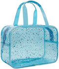 Clear Blue Star Large Makeup Bag with Star Pattern 12x5x8 inch, Travel Cosmetic Bag with Handle, Durable PVC Material Washbag Zipper Opening Design for Makeup Travel Organizer or Gym Use by junesters