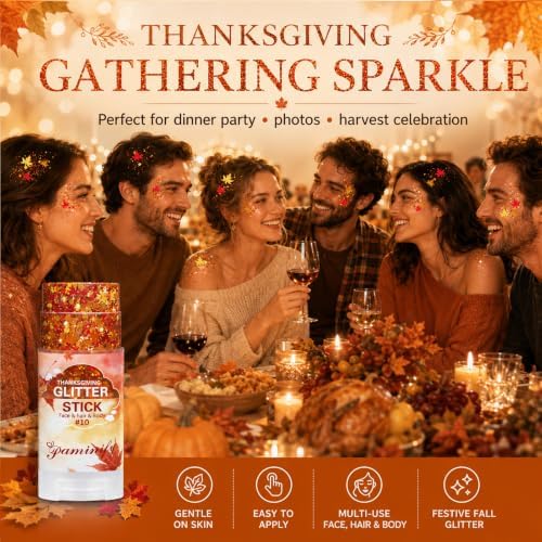 Orange Fall Leaf Thanksgiving Hair Face Glitter Stick,Orange Red and Gold Fall Body Glitter Stick,Autumn Holographic Mixed Color Maple Leaf for Thanksgiving Party Chunky Glitter Makeup - Image 3