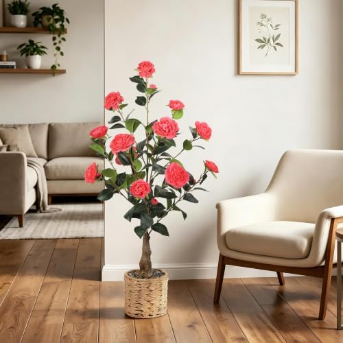 3FT Artificial Camellia Tree, Faux Camellia Plant Outdoor Camellia Flowers Tree Greenery Potted Plant for Living Room Door Patio Deck Yard Décor Outdoor Indoor - Image 6